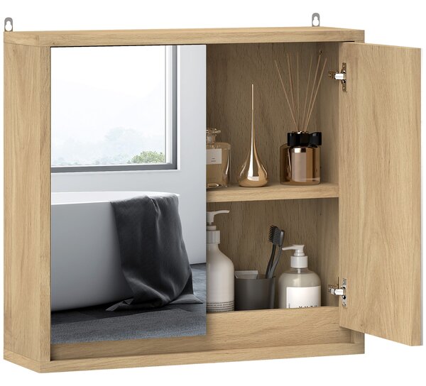 HOMCOM Koupelnová skříňka se zrcadlem, 2 dveřmi a nastavitelnou policí, závěsná koupelnová skříňka pro moderní koupelnu 48x14,5x45 cm, přirodní dřevo