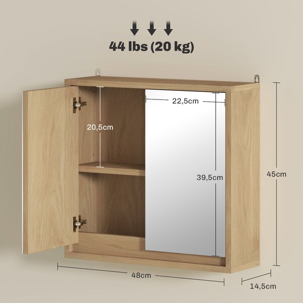 HOMCOM Koupelnová skříňka se zrcadlem, 2 dveřmi a nastavitelnou policí, závěsná koupelnová skříňka pro moderní koupelnu 48x14,5x45 cm, přirodní dřevo