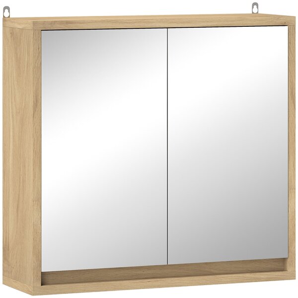 HOMCOM Koupelnová skříňka se zrcadlem, 2 dveřmi a nastavitelnou policí, závěsná koupelnová skříňka pro moderní koupelnu 48x14,5x45 cm, přirodní dřevo