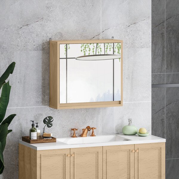 HOMCOM Koupelnová skříňka se zrcadlem, 2 dveřmi a nastavitelnou policí, závěsná koupelnová skříňka pro moderní koupelnu 48x14,5x45 cm, přirodní dřevo
