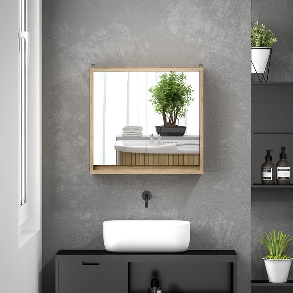 HOMCOM Koupelnová skříňka se zrcadlem, 2 dveřmi a nastavitelnou policí, závěsná koupelnová skříňka pro moderní koupelnu 48x14,5x45 cm, přirodní dřevo