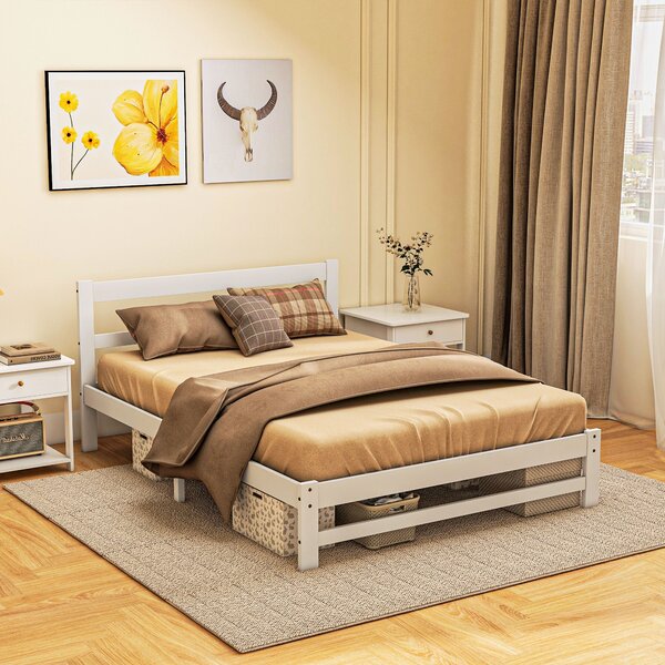 HOMCOM Dřevěný Rám Postele 195x141 cm Dvoulůžkový Rám pro Matraci 135x190 cm (není součástí) 300 kg Nosnost Bílý | Aosom