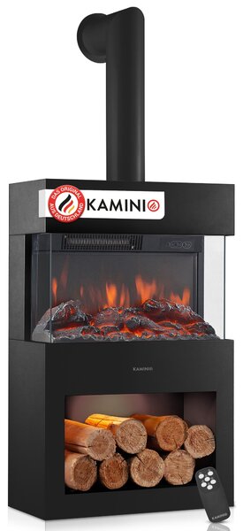 Elektrický krb KAMINIO HENRI s kouřovodem – elektrický krb s topením, 3D efektem plamenů, LED ambientním osvětlením, přihrádkou na dřevo, dálkovým ovládáním – černý