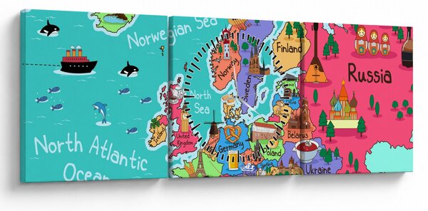 Obraz - Dětská mapa Evropy (s hodinami) (90x30 cm)