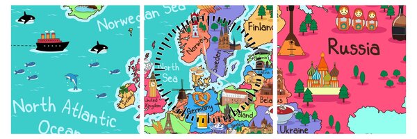 Obraz - Dětská mapa Evropy (s hodinami) (90x30 cm)