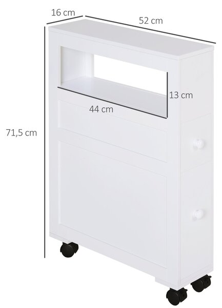 HOMCOM Koupelnová Skříňka na Kolečkách Úzká Koupelnová Skříňka se 2 Zásuvkami a Poličkou Nosnost 20 kg 16x52x71,5 cm Bílá | Aosom
