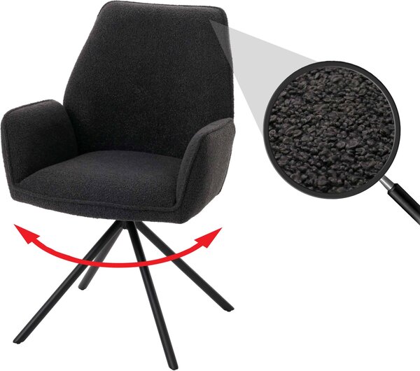 Jídelní židle HWC-G67, područka kuchyňské židle, otočná automatická poloha, látka/textil bouclé Oeko-Tex MVG tmavě šedá