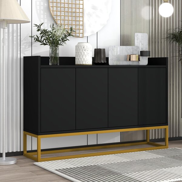 Moderní, minimalistický příborník se 4 dveřmi bez úchytek, ideální do jídelny, obývacího pokoje nebo kuchyně (černý)
