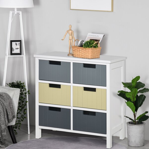 HOMCOM Dřevěný Komoda se 6 Zásuvkami – Úložný Kabinet s Vyvýšenými Nohami Moderní Styl pro Ložnici, Obývací Pokoj, Koupelnu 62x28x58 cm Multicolor | A