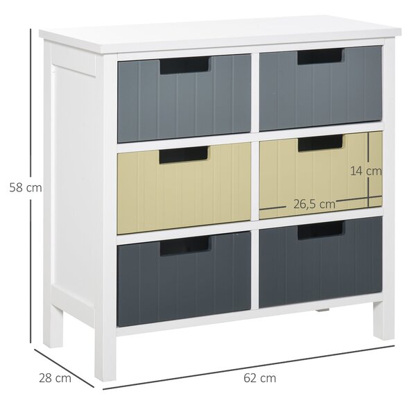 HOMCOM Dřevěný Komoda se 6 Zásuvkami – Úložný Kabinet s Vyvýšenými Nohami Moderní Styl pro Ložnici, Obývací Pokoj, Koupelnu 62x28x58 cm Multicolor | A