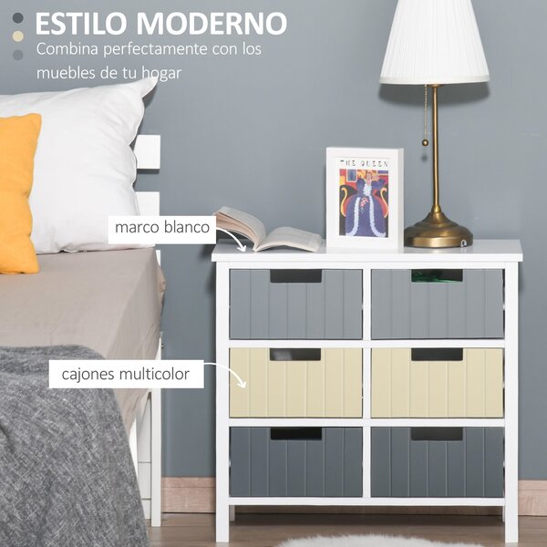 HOMCOM Dřevěný Komoda se 6 Zásuvkami – Úložný Kabinet s Vyvýšenými Nohami Moderní Styl pro Ložnici, Obývací Pokoj, Koupelnu 62x28x58 cm Multicolor | A