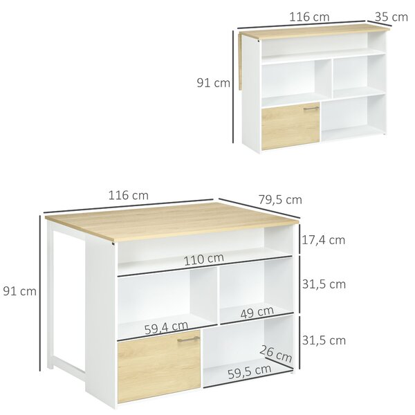 HOMCOM Rozkládací Barový Stůl s Sklopnými Křídly a Úložnými Prostory, 1 Dvéřmi pro Kuchyň a Jídelnu 116x79,5x91 cm Bílá | Aosom