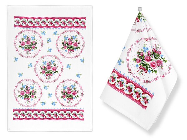 Bellatex Kuchyňská utěrka 1 ks 40x60 cm Květina růžová, modrá