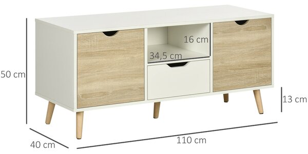 HOMCOM TV Stolek s Šuplíkem, 2 Dveřmi a Komorou pro Televize do 50 Palců, Dezén pro Obývací Pokoj a Ložnici 110x40x50 cm Bílý a Přírodní | Aosom