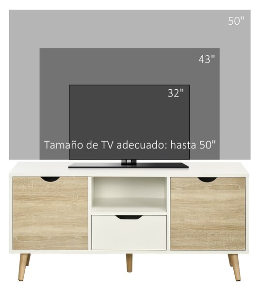 HOMCOM TV Stolek s Šuplíkem, 2 Dveřmi a Komorou pro Televize do 50 Palců, Dezén pro Obývací Pokoj a Ložnici 110x40x50 cm Bílý a Přírodní | Aosom