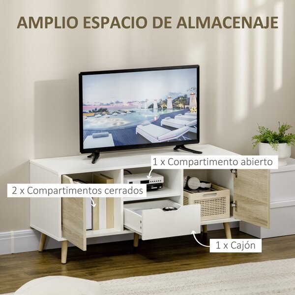 HOMCOM TV Stolek s Šuplíkem, 2 Dveřmi a Komorou pro Televize do 50 Palců, Dezén pro Obývací Pokoj a Ložnici 110x40x50 cm Bílý a Přírodní | Aosom