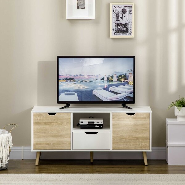 HOMCOM TV Stolek s Šuplíkem, 2 Dveřmi a Komorou pro Televize do 50 Palců, Dezén pro Obývací Pokoj a Ložnici 110x40x50 cm Bílý a Přírodní | Aosom