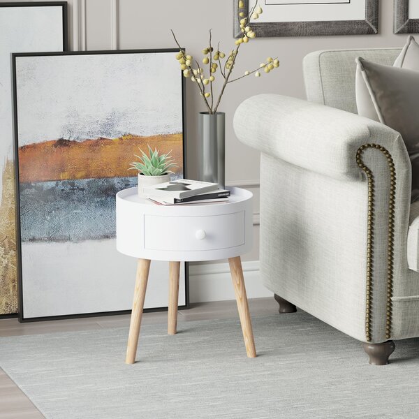 Noční stolek HOMCOM s 1 šuplíkem, kulatý stolek se zvýšeným okrajem a 3 dřevěnými nohami pro moderní styl ložnice a obývacího pokoje Ø38x45 cm Bílý |