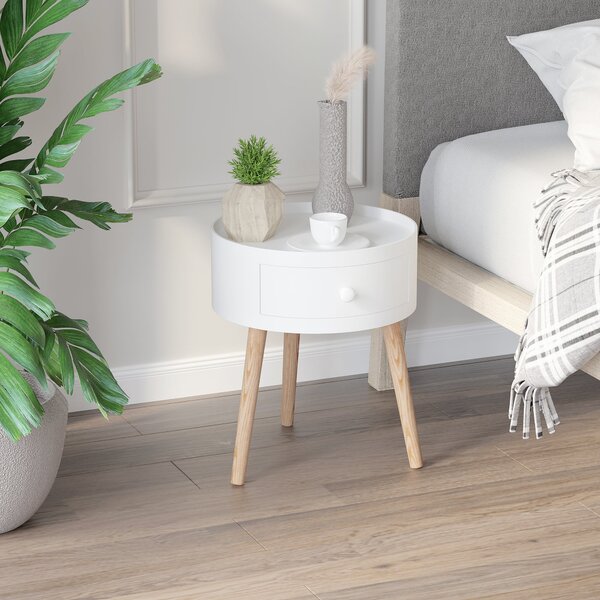 HOMCOM Kávový Stolek s Šuplíkem, Kulatý Boční Stolek s Dřevěnými Nohami pro Obývací Pokoj 38 x 38 x 45 cm, Bílý | Aosom