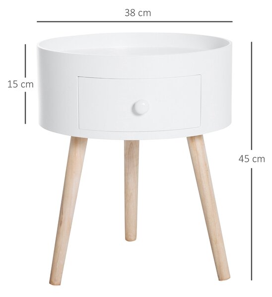 HOMCOM Kávový Stolek s Šuplíkem, Kulatý Boční Stolek s Dřevěnými Nohami pro Obývací Pokoj 38 x 38 x 45 cm, Bílý | Aosom