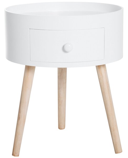 HOMCOM Kávový Stolek s Šuplíkem, Kulatý Boční Stolek s Dřevěnými Nohami pro Obývací Pokoj 38 x 38 x 45 cm, Bílý | Aosom