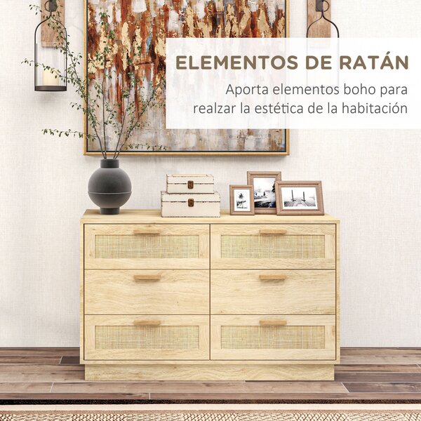 Noční stolek HOMCOM s ratanovými mřížkovými zásuvkami Boho styl Dresser s protiskluzovým řešením 110x40x69 cm Přírodní | Aosom