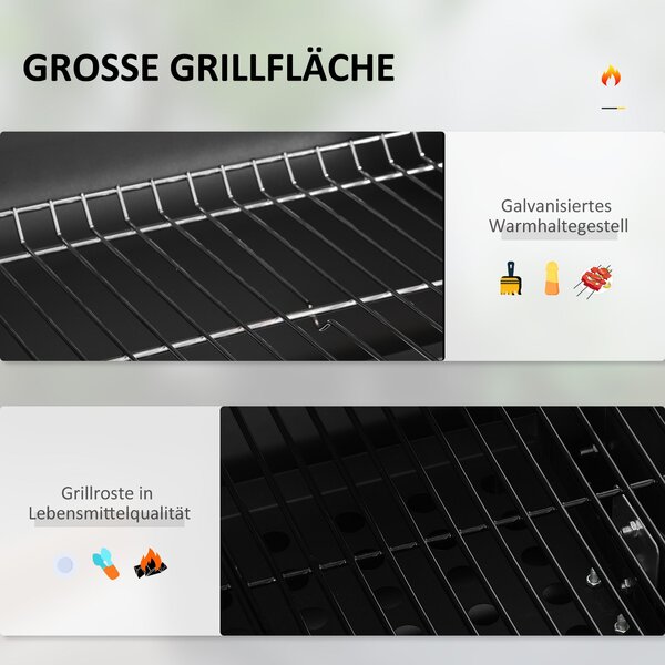 Gril Outsunny z nerezové oceli s udírnou a víkem, teploměr, kola, grilovací rošt, rukojeť, police, grilovací vozík, stojan na dřevěné uhlí pro grilová