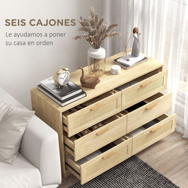 Noční stolek HOMCOM s ratanovými mřížkovými zásuvkami Boho styl Dresser s protiskluzovým řešením 110x40x69 cm Přírodní | Aosom