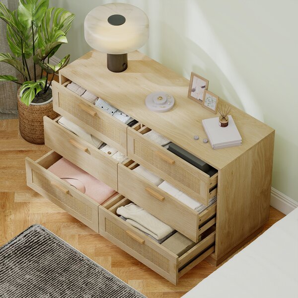 Noční stolek HOMCOM s ratanovými mřížkovými zásuvkami Boho styl Dresser s protiskluzovým řešením 110x40x69 cm Přírodní | Aosom