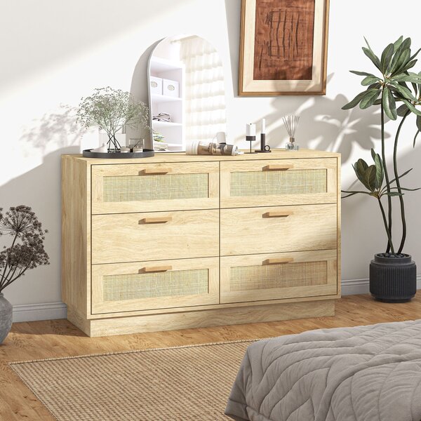 Noční stolek HOMCOM s ratanovými mřížkovými zásuvkami Boho styl Dresser s protiskluzovým řešením 110x40x69 cm Přírodní | Aosom