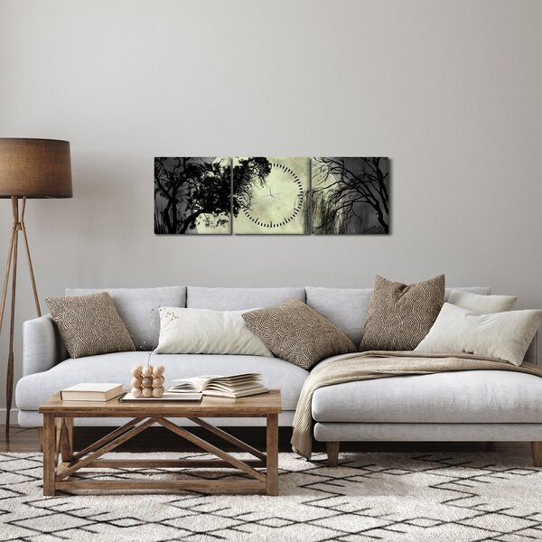 Obraz - Úplněk nad hladinou, černobílá varianta (s hodinami) (90x30 cm)
