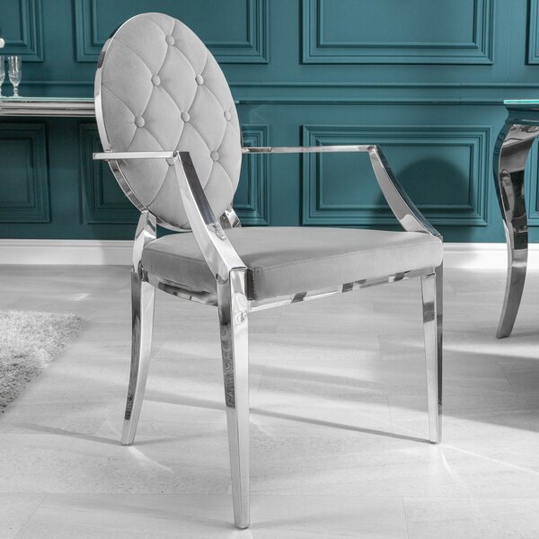 Riess-ambiente Elegantní židle MODERN BAROCK ušlechtile šedý samet s područkami a ozdobnými knoflíky Jídelní židle Jídelní židle Čalouněná židle