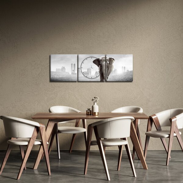 Obraz - Slůně ve velkoměstě, černobílá varianta (s hodinami) (90x30 cm)