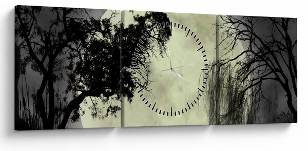 Obraz - Úplněk nad hladinou, černobílá varianta (s hodinami) (90x30 cm)