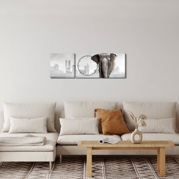 Obraz - Slůně ve velkoměstě, černobílá varianta (s hodinami) (90x30 cm)