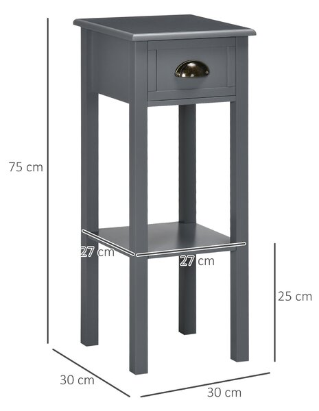 HOMCOM Moderní noční stolek se zásuvkou a úložnou policí, 30x30x75 cm, Šedý | Aosom