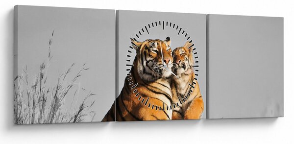 Obraz - Tygřice a její mládě, černobílá varianta (s hodinami) (90x30 cm)