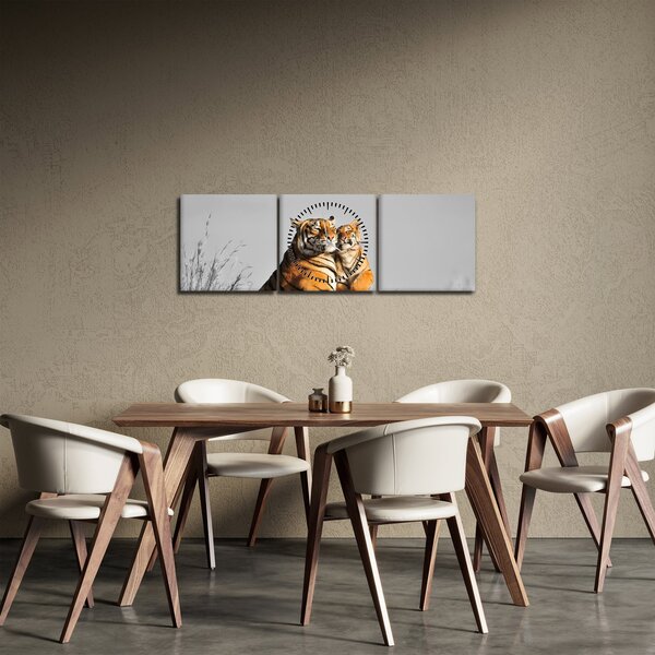 Obraz - Tygřice a její mládě, černobílá varianta (s hodinami) (90x30 cm)