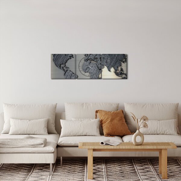 Obraz - Mapa světa v kamenné textuře (s hodinami) (90x30 cm)