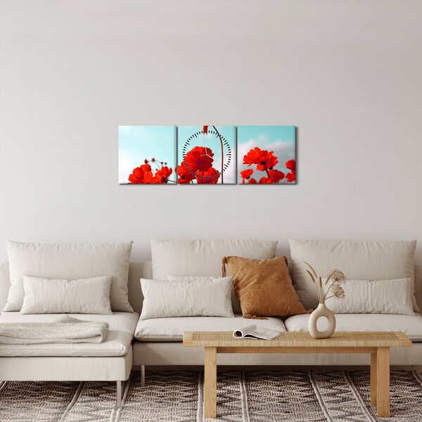Obraz pole s jasně červenými květy (s hodinami) (90x30 cm)