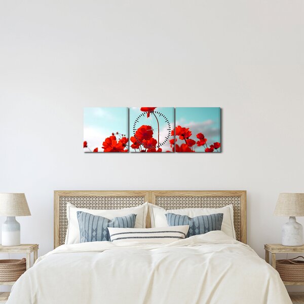 Obraz pole s jasně červenými květy (s hodinami) (90x30 cm)