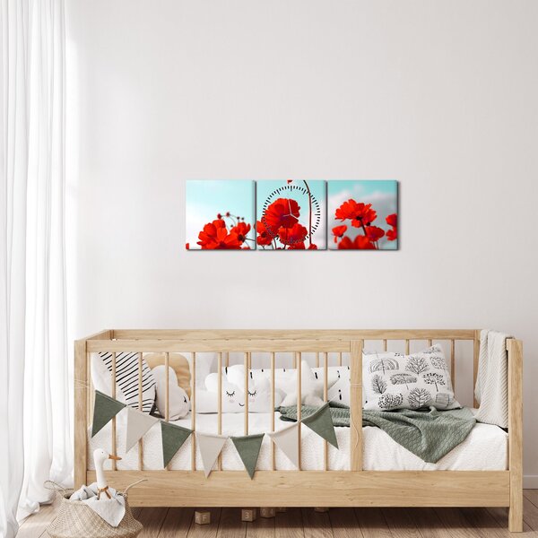 Obraz pole s jasně červenými květy (s hodinami) (90x30 cm)