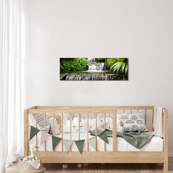 Obraz - Vodopád v deštném lese (s hodinami) (90x30 cm)