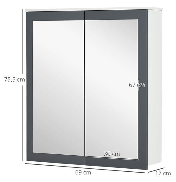 Koupelnová skříňka Keankin s zrcadlem, závěsná skříňka s 2 skleněnými dveřmi a nastavitelnými policemi 69x17x75.5 cm Bílá | Aosom