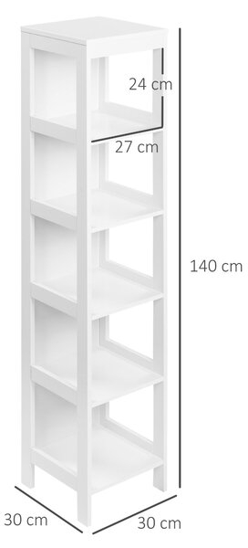 Kleankin 5-vrstvá koupelnová polička na podlahu pro kuchyni, obývací pokoj a ložnici, moderní styl, protiskluzová, nosnost 30 kg, 30x30x140 cm, bílá |