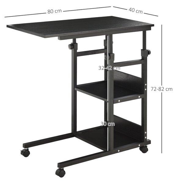 HOMCOM Stolek se Společkami 80x40 cm C-Formovaný Pohovkový Stolek s Nastavitelnou Výškou 3 Úrovně 72-82 cm Kovový Rám pro Obývací Pokoj a Kuchyni Čern