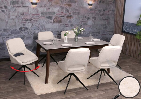 Sada 6 jídelních židlí HWC-N73, kuchyňská židle, otočná s automatickým vrácením, tkanina/textil boucle (540g/m²) Oeko-Tex krémová