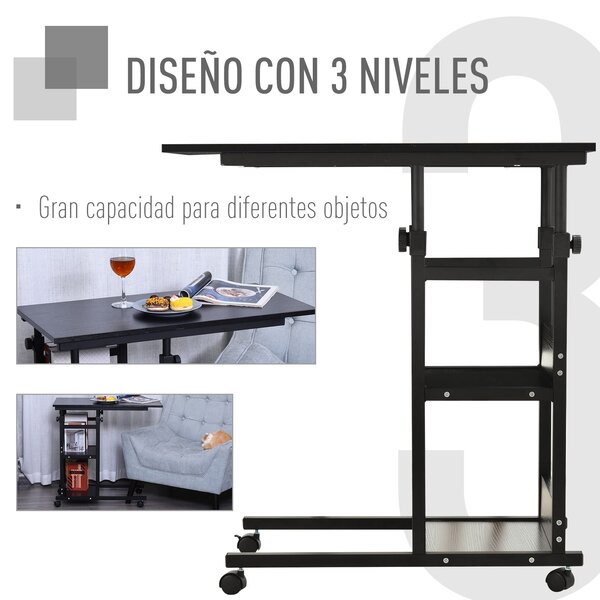 HOMCOM Stolek se Společkami 80x40 cm C-Formovaný Pohovkový Stolek s Nastavitelnou Výškou 3 Úrovně 72-82 cm Kovový Rám pro Obývací Pokoj a Kuchyni Čern