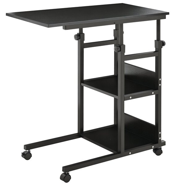 HOMCOM Stolek se Společkami 80x40 cm C-Formovaný Pohovkový Stolek s Nastavitelnou Výškou 3 Úrovně 72-82 cm Kovový Rám pro Obývací Pokoj a Kuchyni Čern