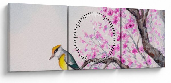 Obraz - Ptáček na stromě s růžovými květy (s hodinami) (90x30 cm)